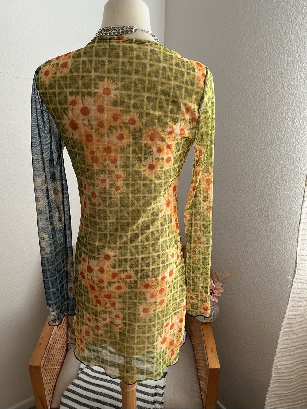 Altar'd State Boho Floral Patchwork Mesh Mini Dress - Green/Blue/Yellow - Picture 4 of 8